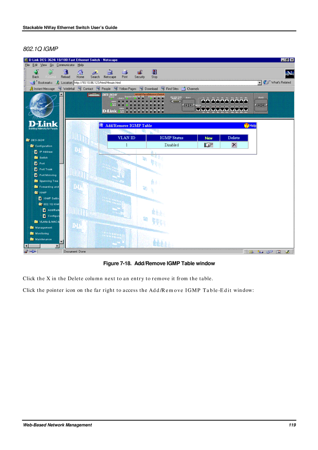 D-Link DES-3624 manual 802.1Q Igmp, Add/Remove Igmp Table window 