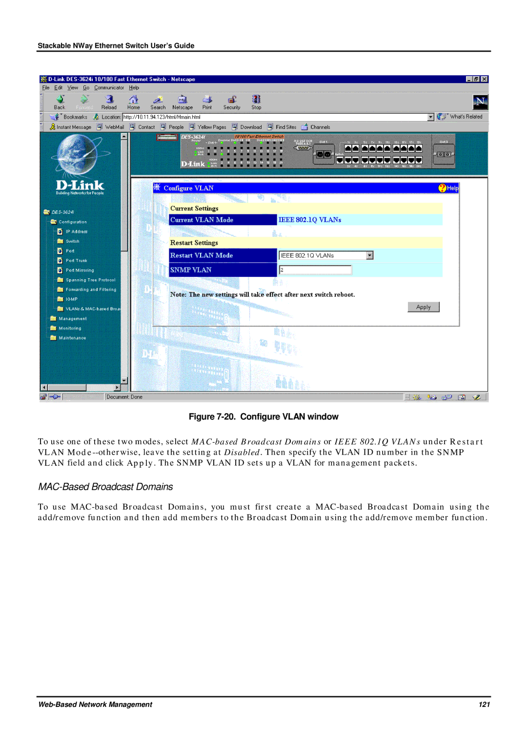 D-Link DES-3624 manual MAC-Based Broadcast Domains, Configure Vlan window 