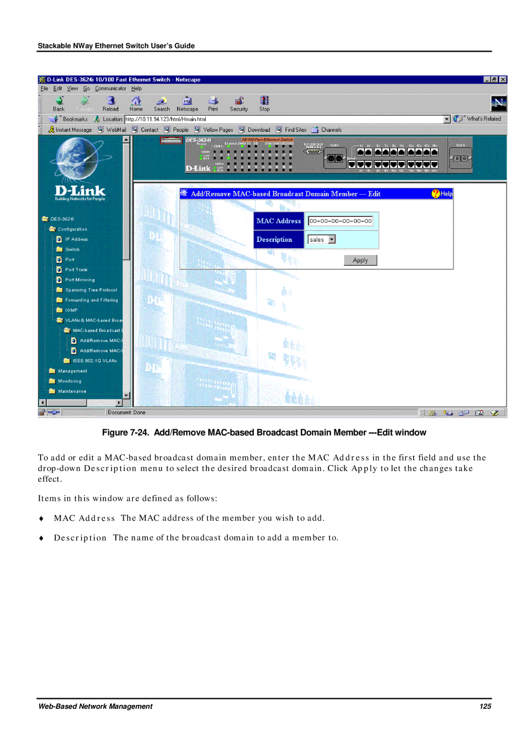 D-Link DES-3624 manual Web-Based Network Management 125 