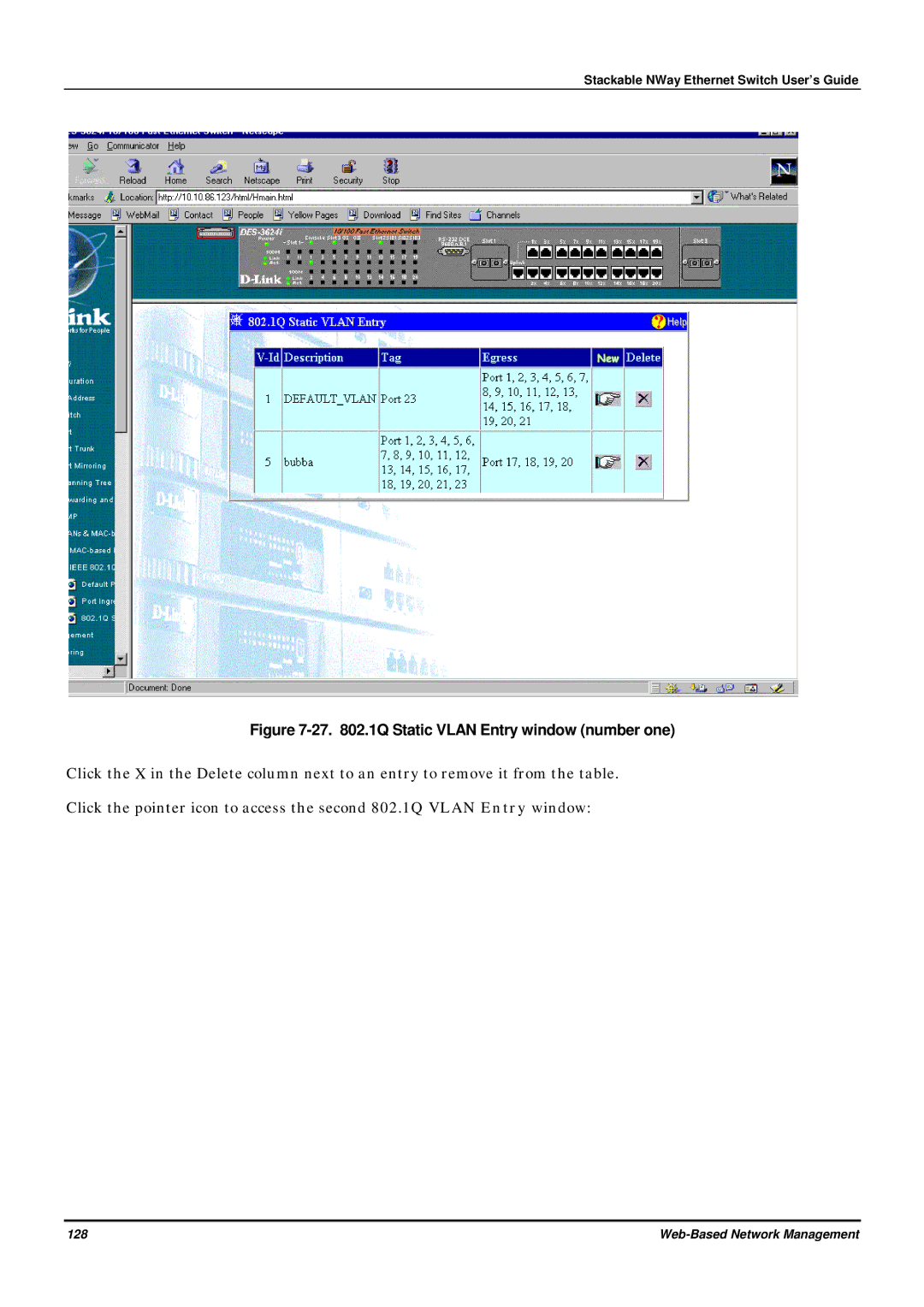 D-Link DES-3624 manual 27 .1Q Static Vlan Entry window number one 