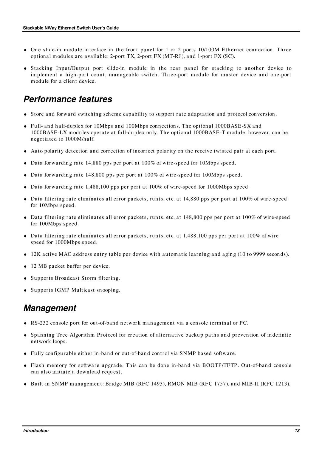 D-Link DES-3624 manual Performance features, Management 