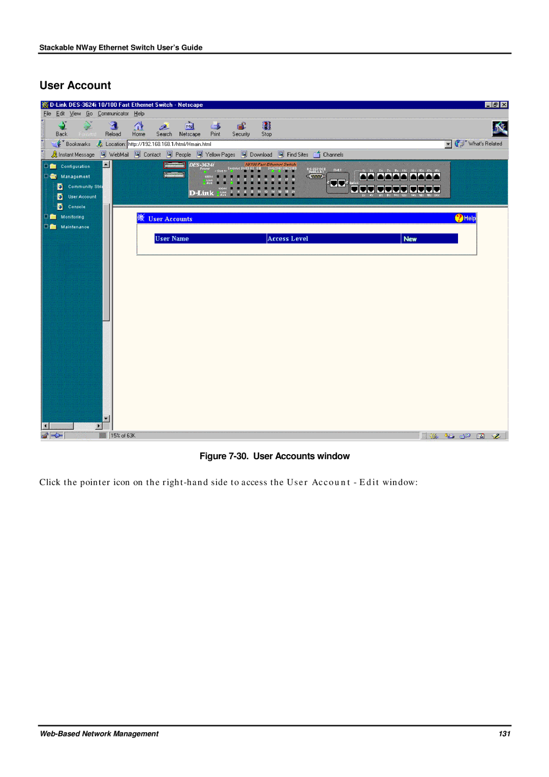 D-Link DES-3624 manual User Accounts window 