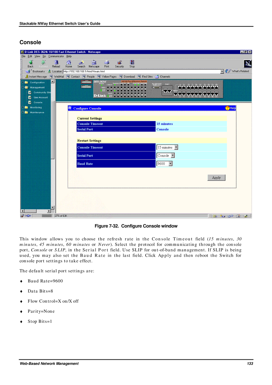 D-Link DES-3624 manual Configure Console window 