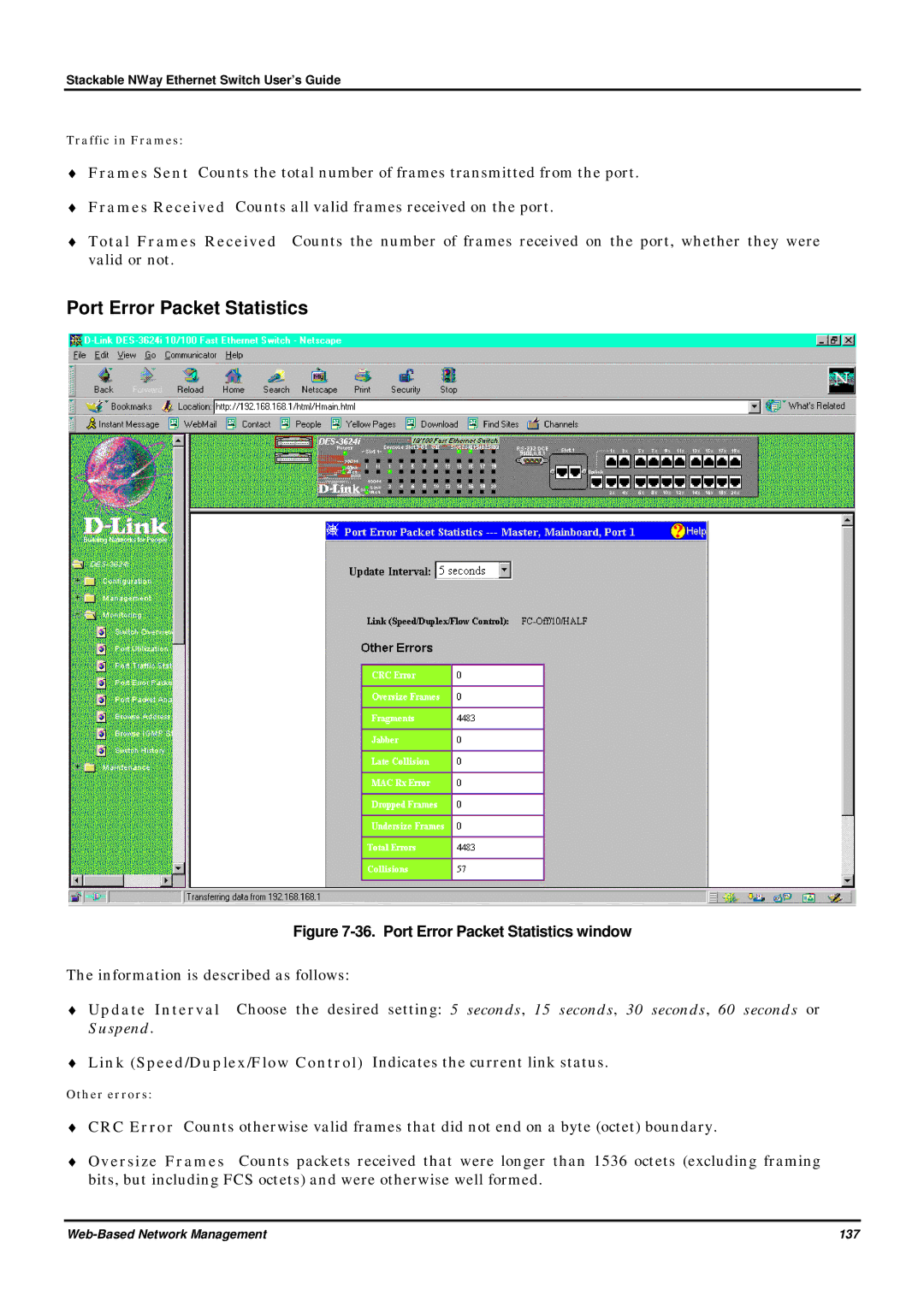 D-Link DES-3624 manual Port Error Packet Statistics window 