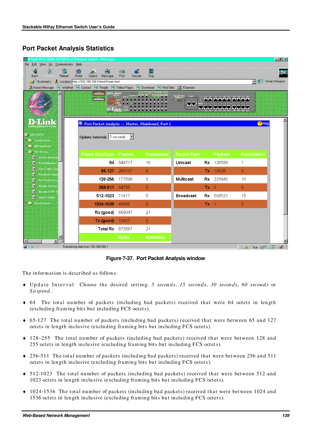 D-Link DES-3624 manual Port Packet Analysis Statistics, Port Packet Analysis window 