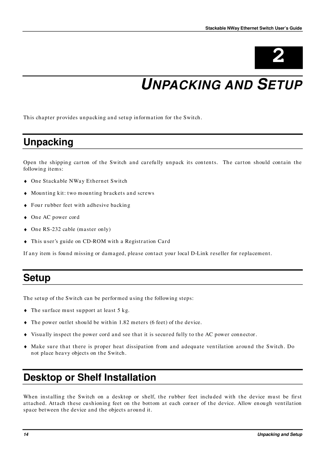 D-Link DES-3624 manual Unpacking and Setup, Desktop or Shelf Installation 