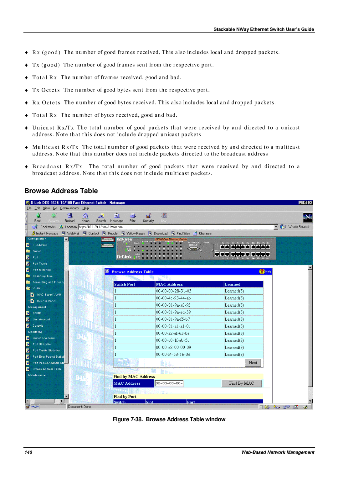 D-Link DES-3624 manual Browse Address Table window 