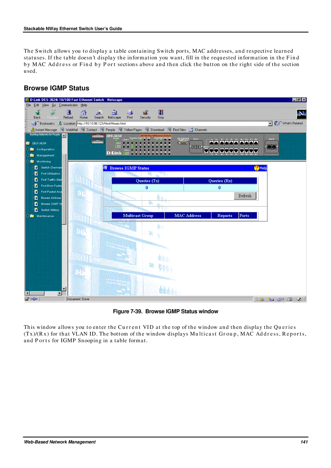 D-Link DES-3624 manual Browse Igmp Status window 