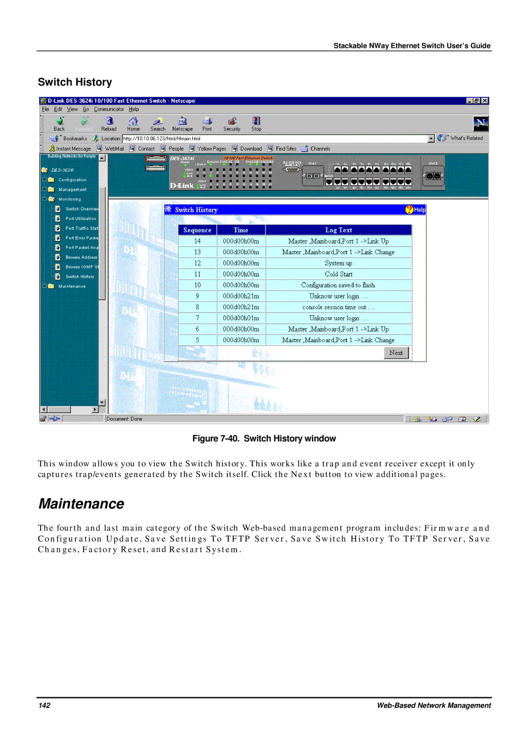 D-Link DES-3624 manual Maintenance, Switch History window 