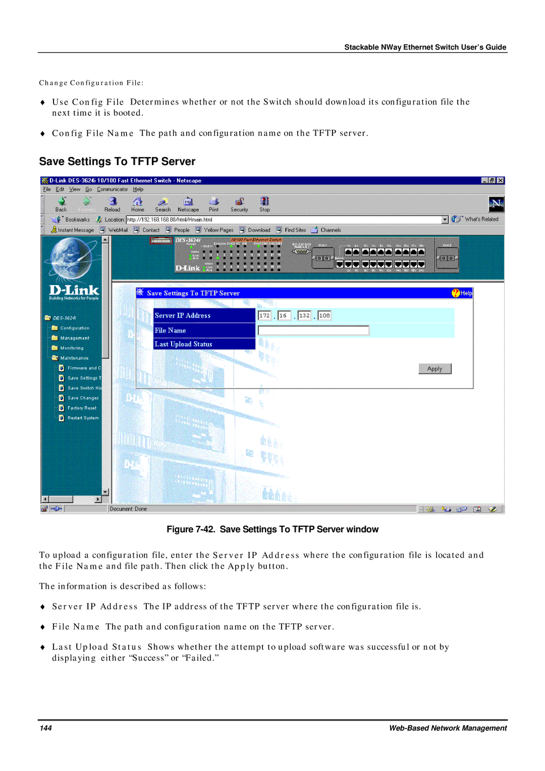 D-Link DES-3624 manual Save Settings To Tftp Server window 