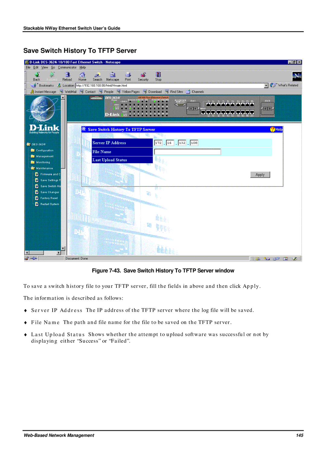 D-Link DES-3624 manual Save Switch History To Tftp Server window 