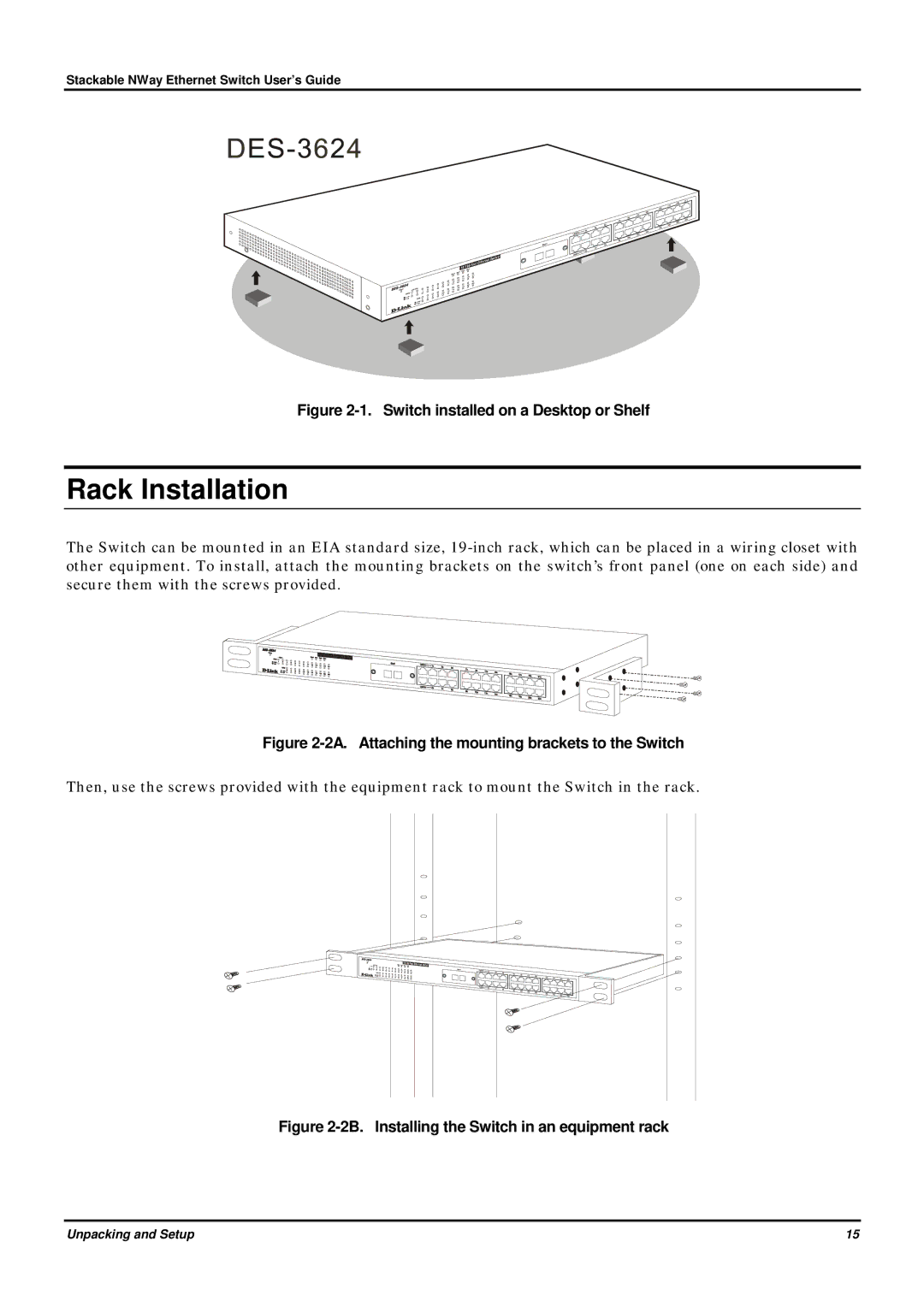 D-Link DES-3624 manual Rack Installation, Switch installed on a Desktop or Shelf 