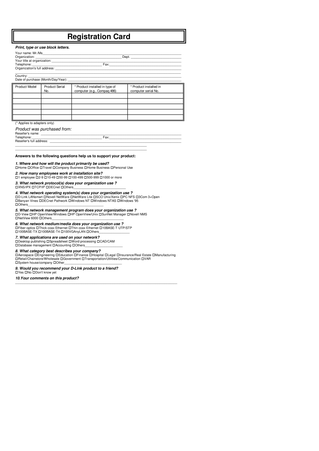 D-Link DES-3624 manual Registration Card 