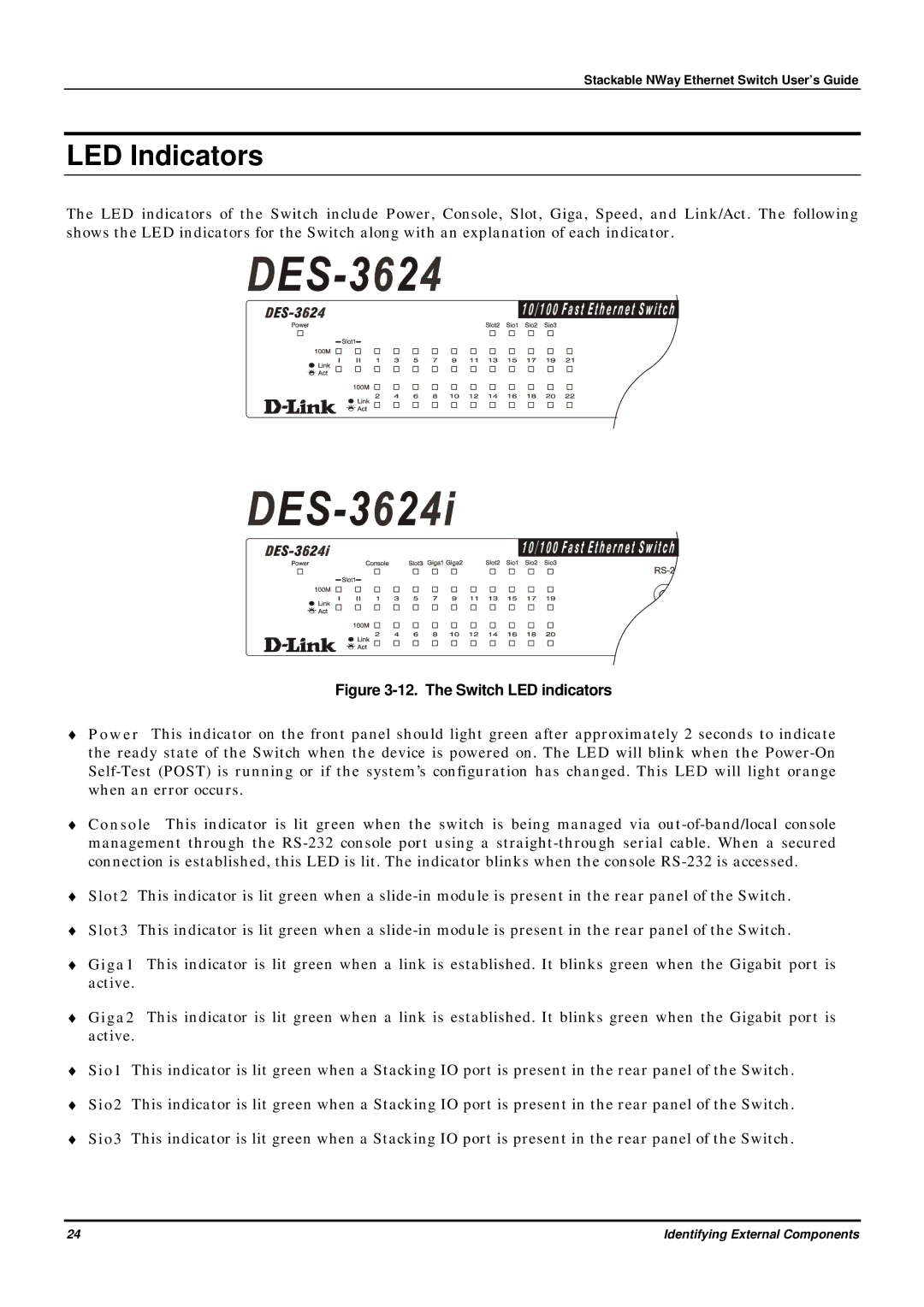 D-Link DES-3624 manual LED Indicators, The Switch LED indicators 