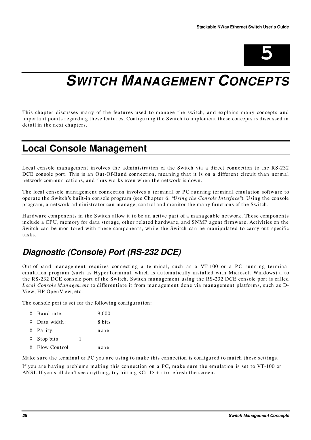 D-Link DES-3624 manual Switch Management Concepts, Local Console Management, Diagnostic Console Port RS-232 DCE 