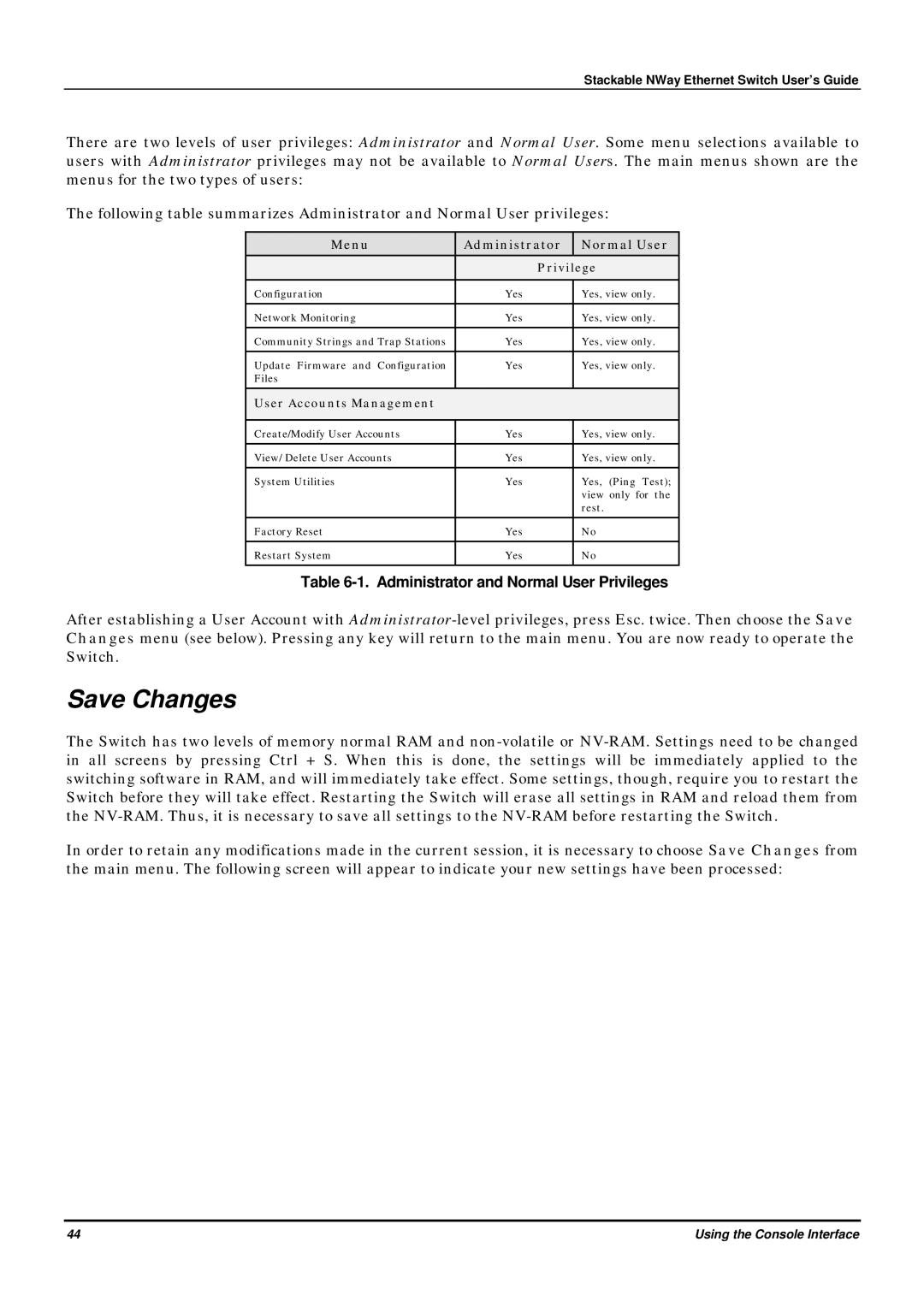 D-Link DES-3624 manual Save Changes, Menu Administrator Normal User Privilege 