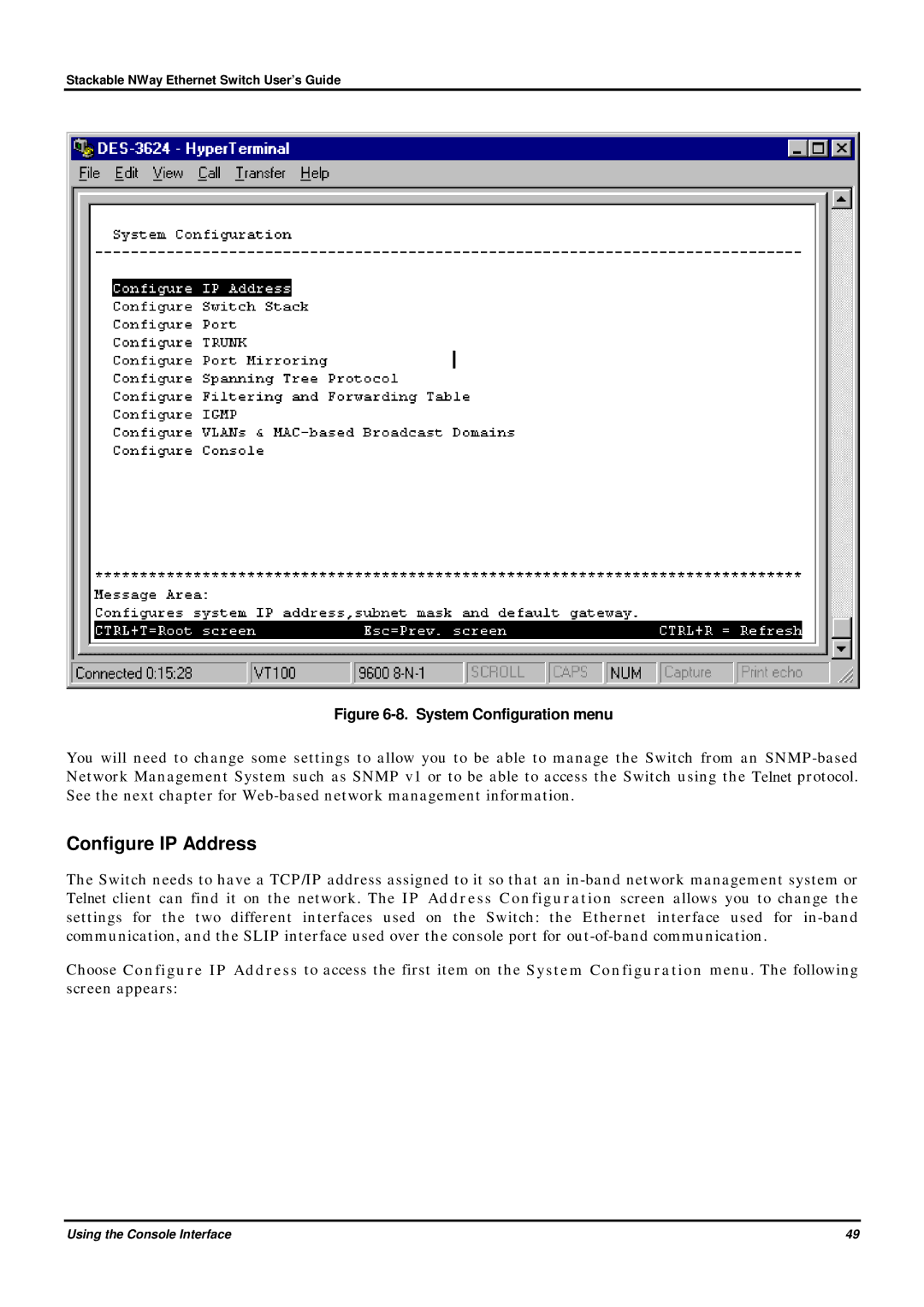 D-Link DES-3624 manual Configure IP Address, System Configuration menu 