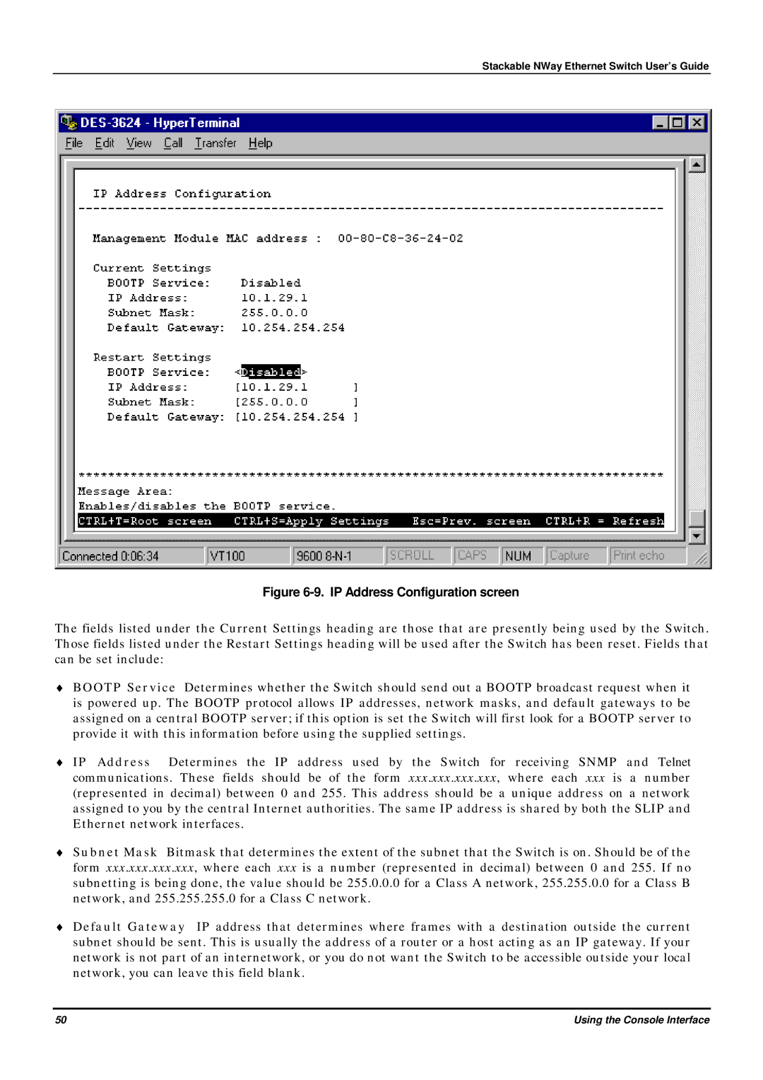 D-Link DES-3624 manual IP Address Configuration screen 