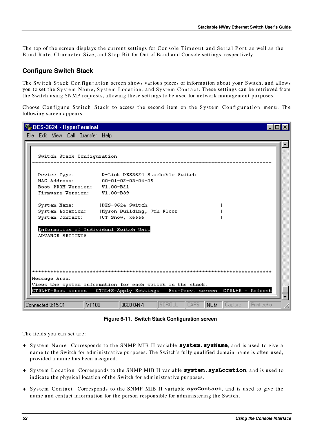 D-Link DES-3624 manual Configure Switch Stack, Switch Stack Configuration screen 