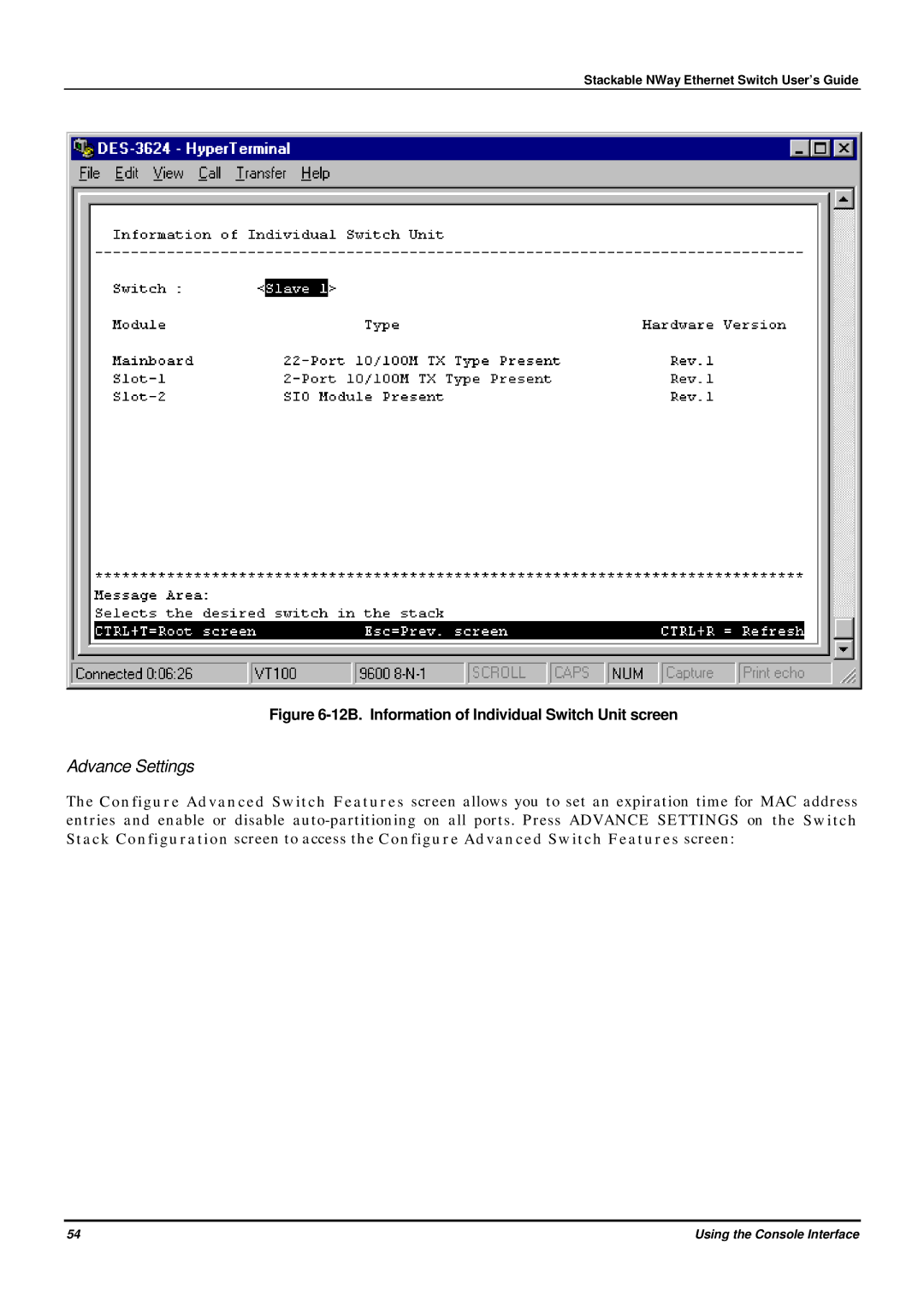 D-Link DES-3624 manual Advance Settings, 12B. Information of Individual Switch Unit screen 