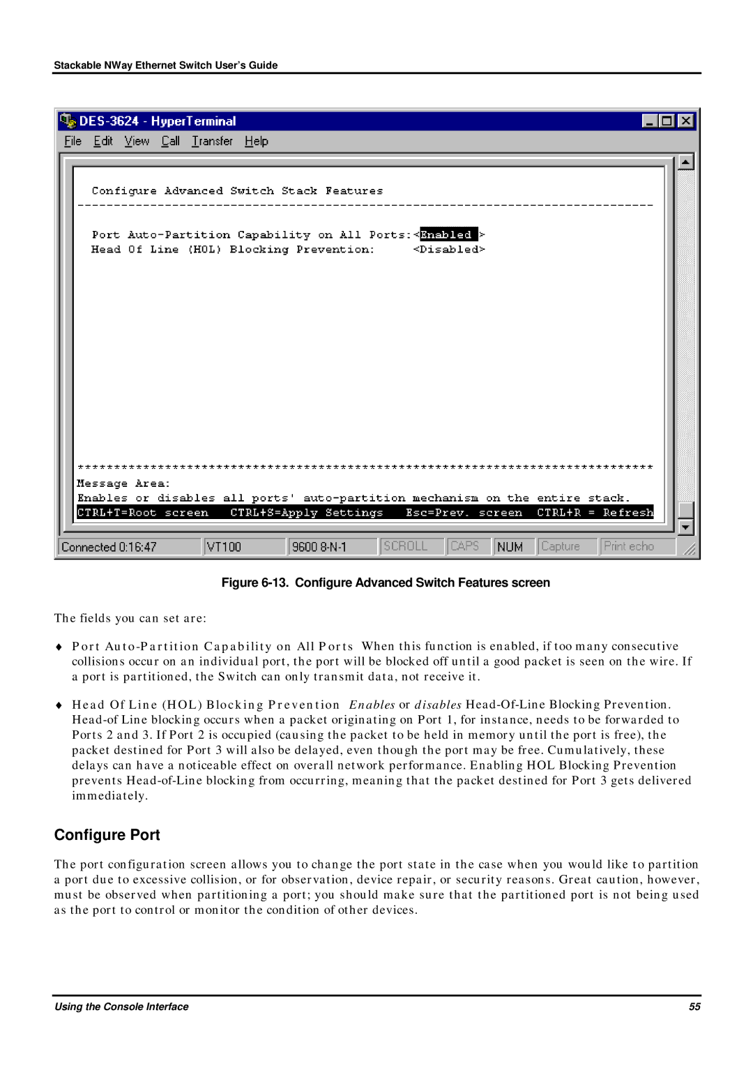 D-Link DES-3624 manual Configure Port, Configure Advanced Switch Features screen 