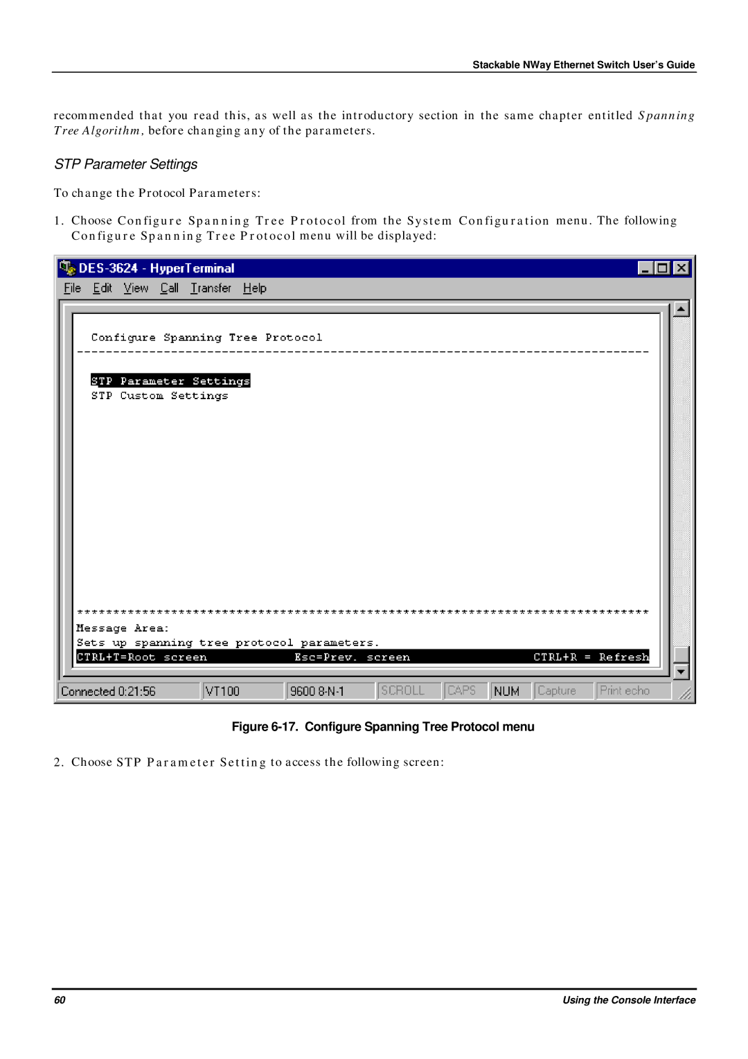 D-Link DES-3624 manual STP Parameter Settings, Configure Spanning Tree Protocol menu 