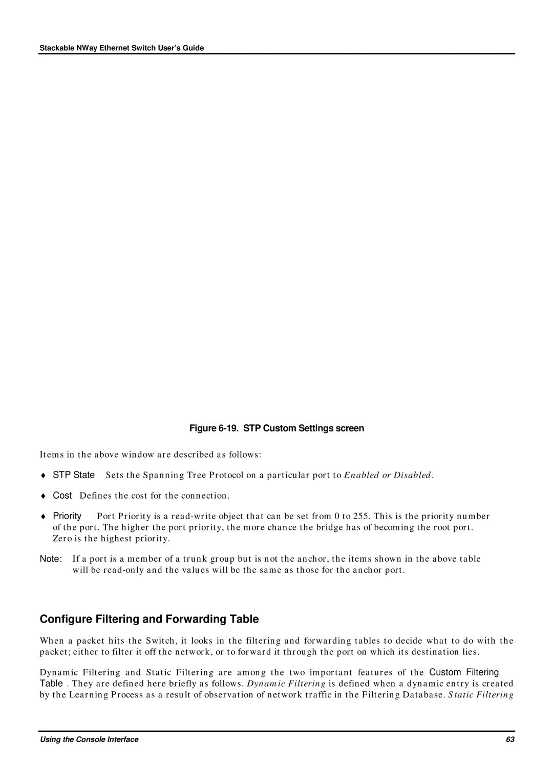 D-Link DES-3624 manual Configure Filtering and Forwarding Table, STP Custom Settings screen 