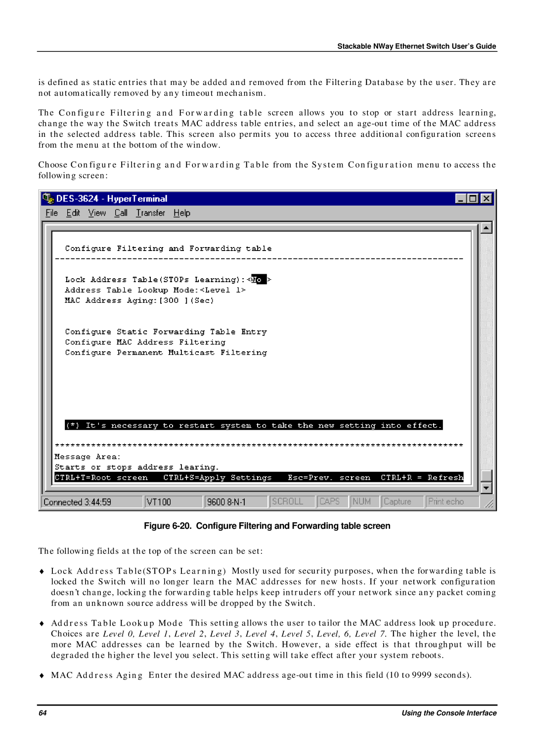 D-Link DES-3624 manual Configure Filtering and Forwarding table screen 