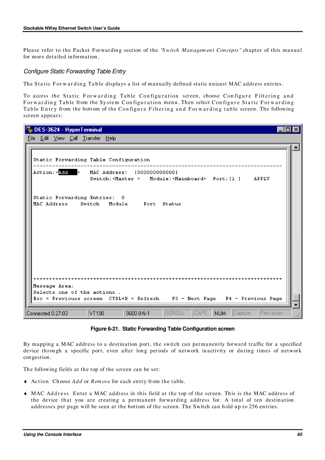 D-Link DES-3624 manual Configure Static Forwarding Table Entry, Static Forwarding Table Configuration screen 