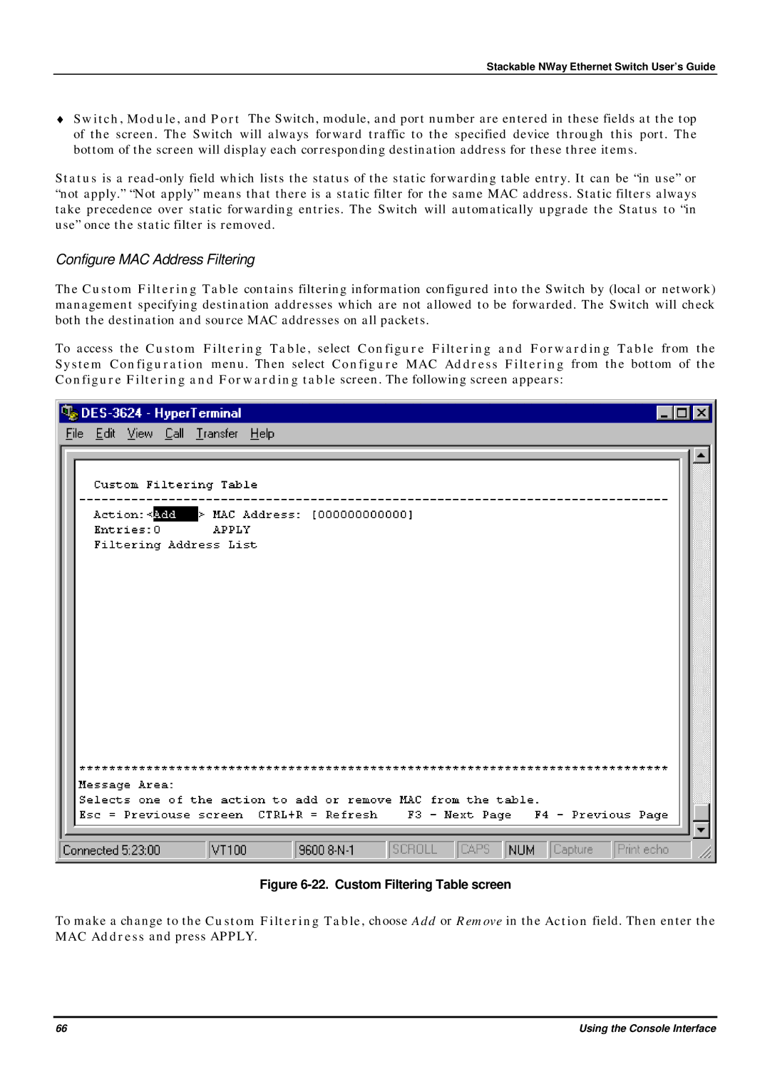 D-Link DES-3624 manual Configure MAC Address Filtering, Custom Filtering Table screen 