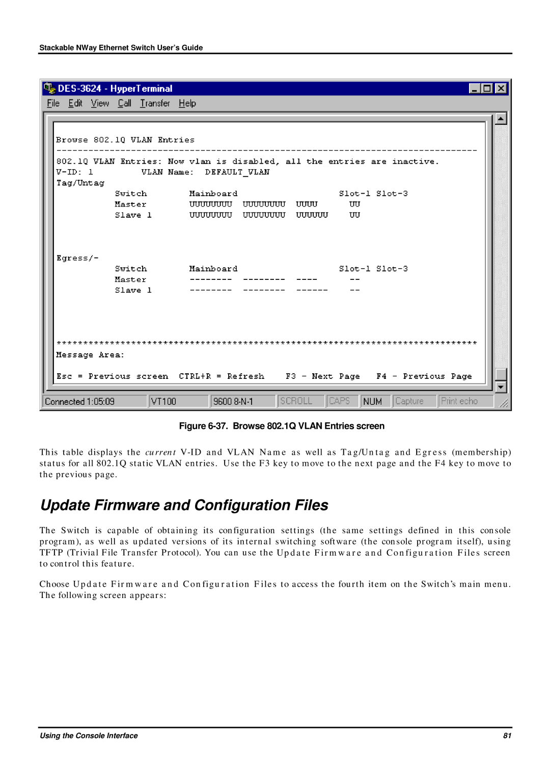 D-Link DES-3624 manual Update Firmware and Configuration Files, Browse 802.1Q Vlan Entries screen 