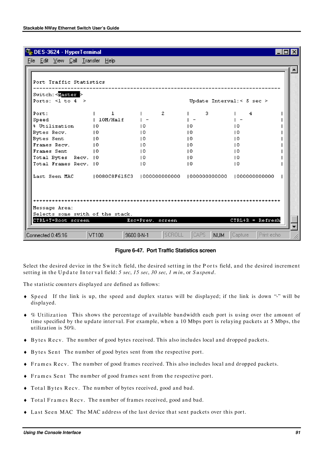 D-Link DES-3624 manual Port Traffic Statistics screen 