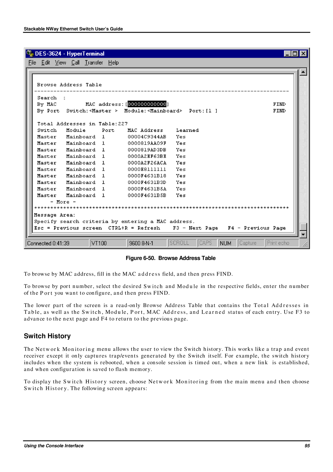 D-Link DES-3624 manual Switch History, Browse Address Table 