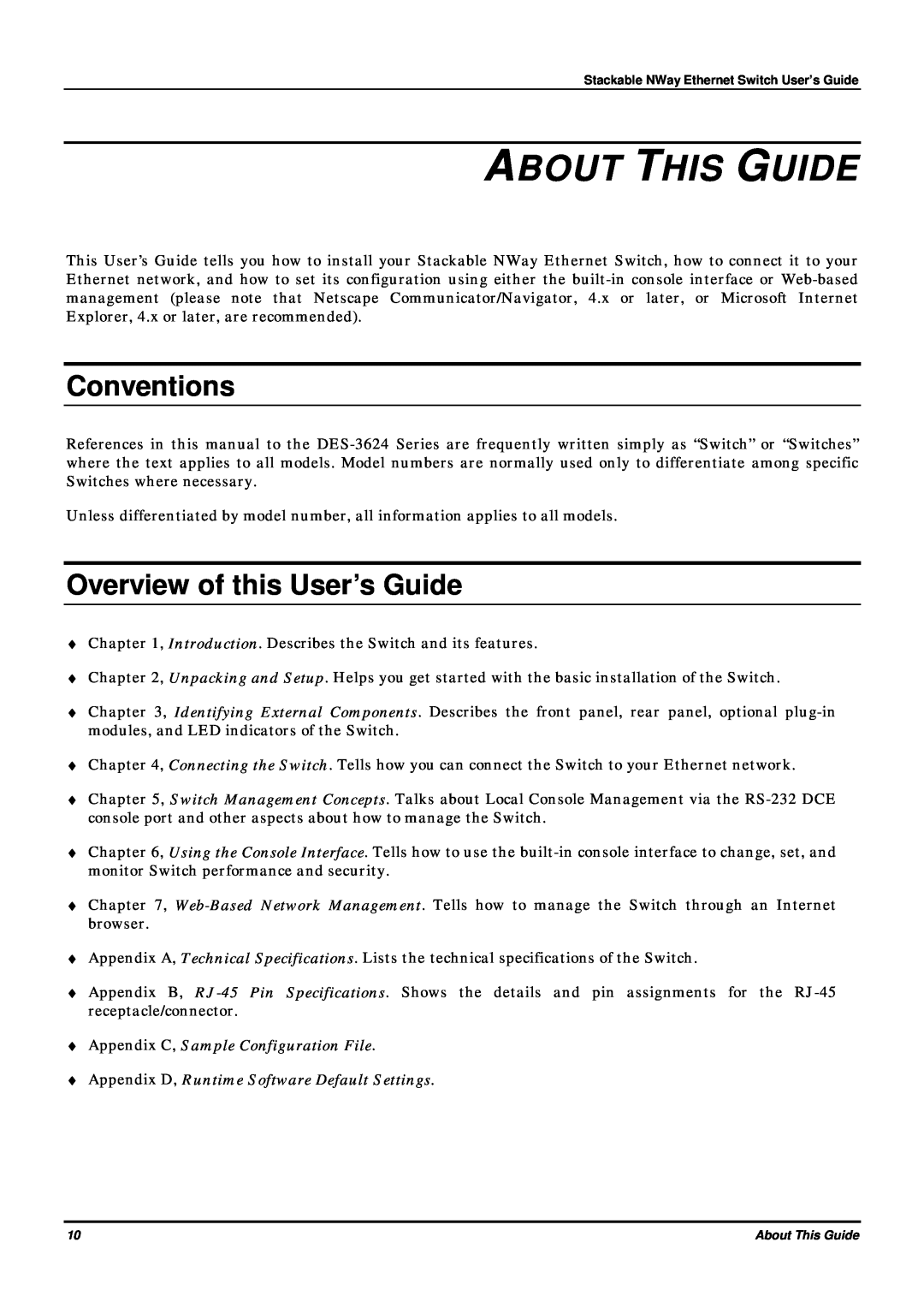 D-Link DES-3624 manual About This Guide, Conventions, Overview of this User’s Guide 