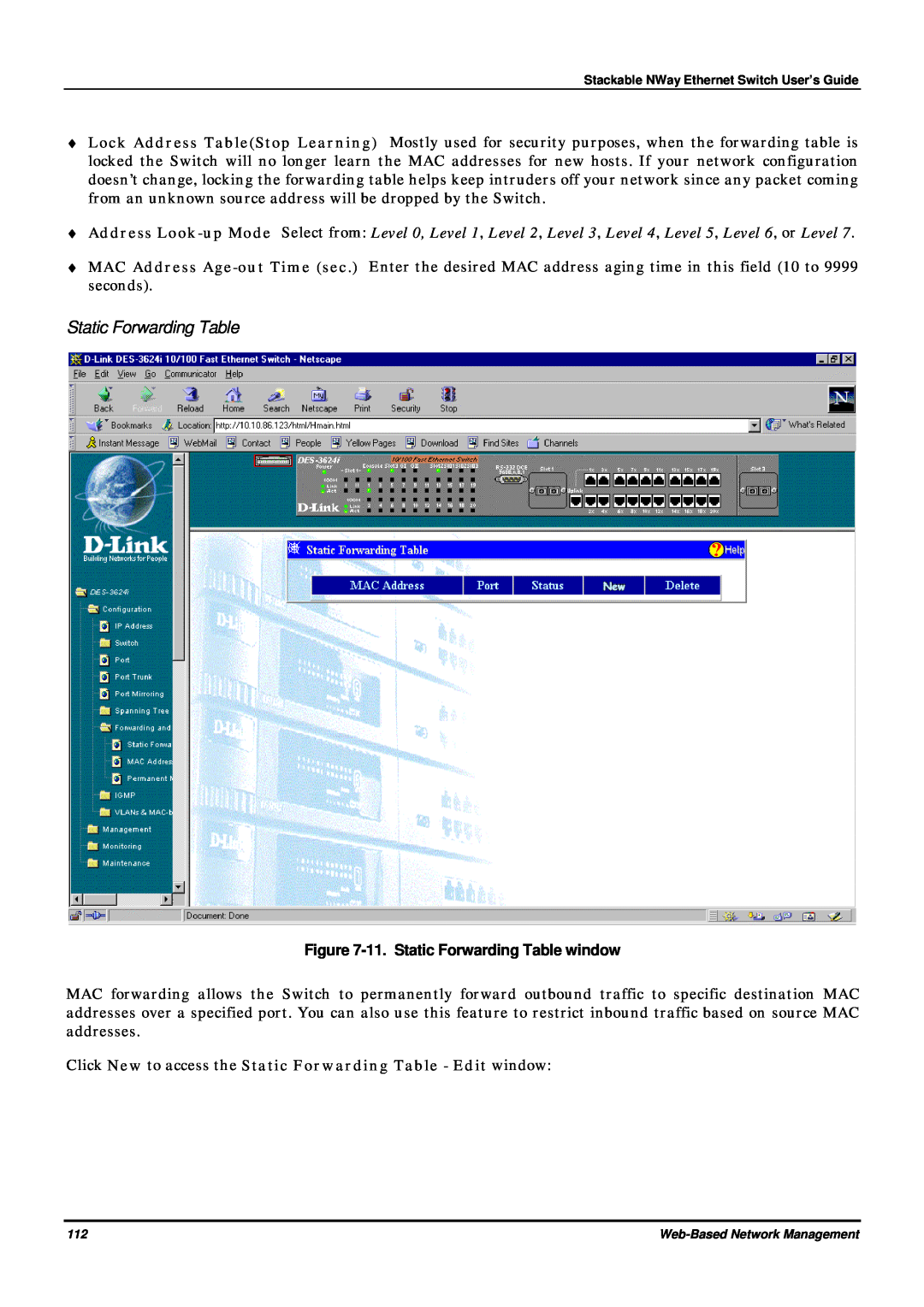 D-Link DES-3624 11. Static Forwarding Table window, Click New to access the Static Forwarding Table - Edit window 