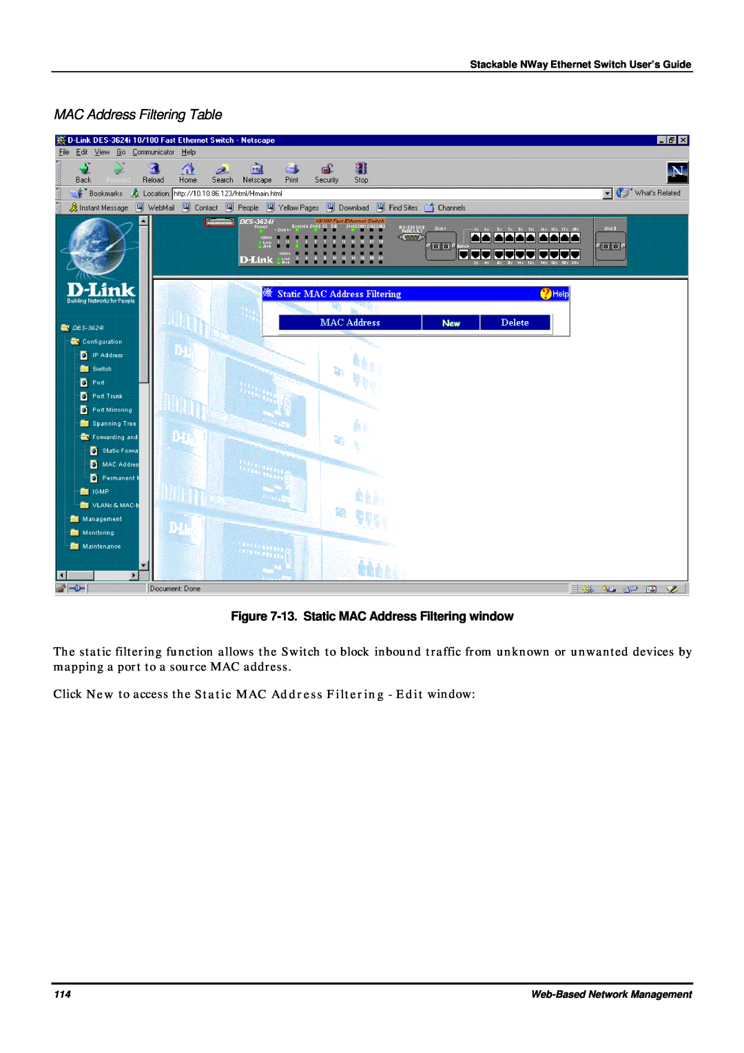 D-Link DES-3624 manual MAC Address Filtering Table, 13. Static MAC Address Filtering window, Web-Based Network Management 
