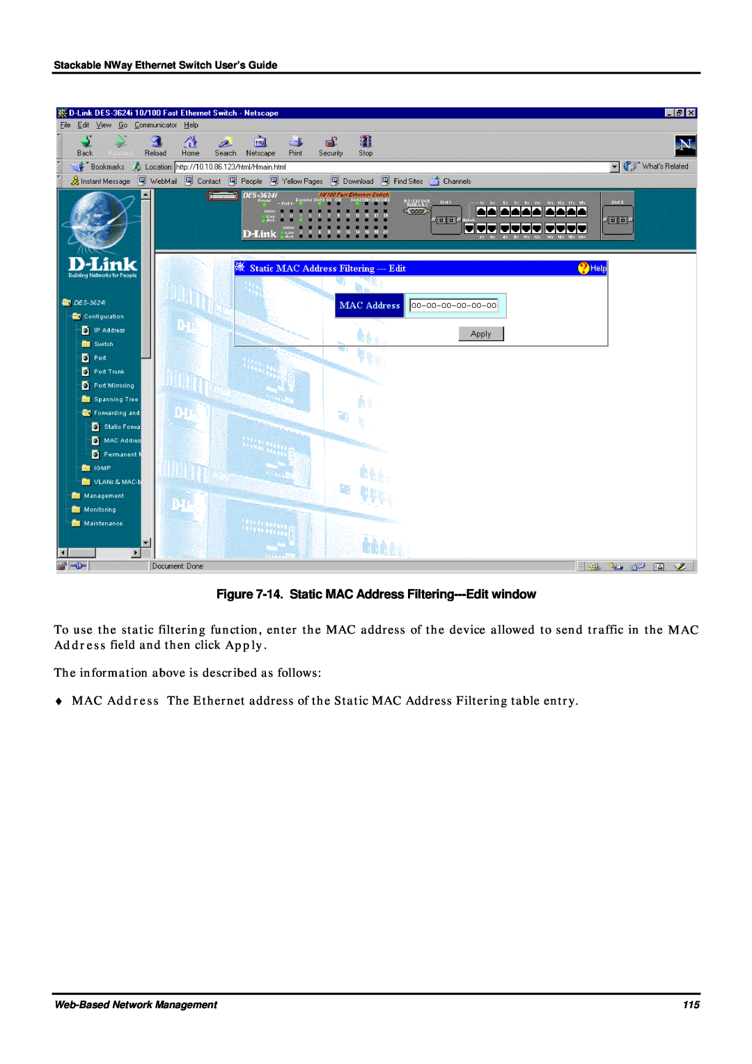 D-Link DES-3624 manual 14. Static MAC Address Filtering---Edit window 