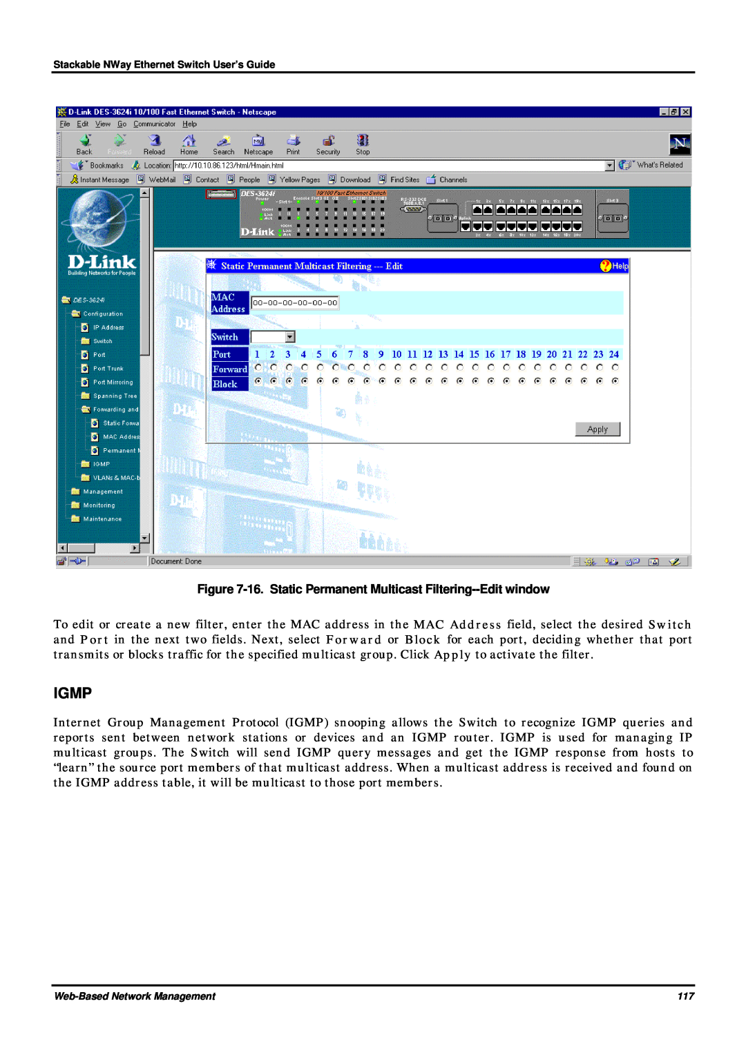 D-Link DES-3624 manual Igmp, 16. Static Permanent Multicast Filtering--Edit window 