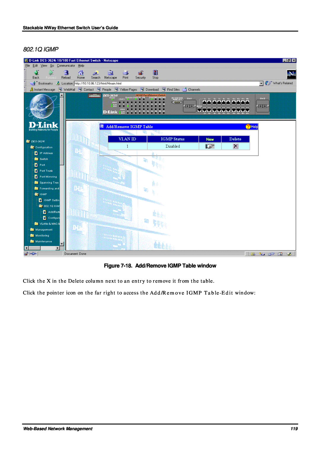 D-Link DES-3624 manual 802.1Q IGMP, 18. Add/Remove IGMP Table window 