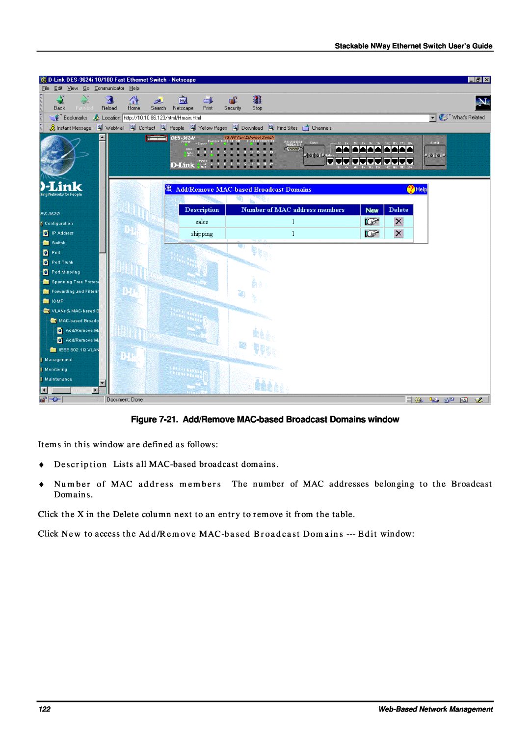 D-Link DES-3624 manual 21. Add/Remove MAC-based Broadcast Domains window 