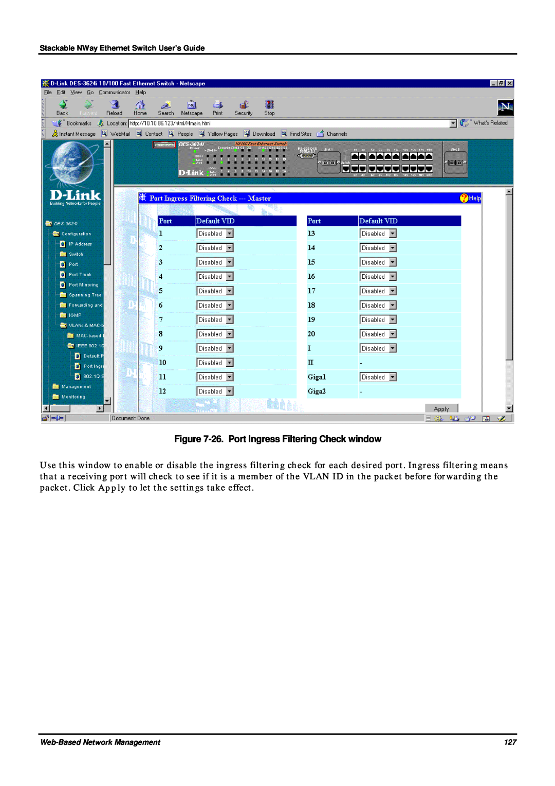D-Link DES-3624 manual 26. Port Ingress Filtering Check window, Stackable NWay Ethernet Switch User’s Guide 