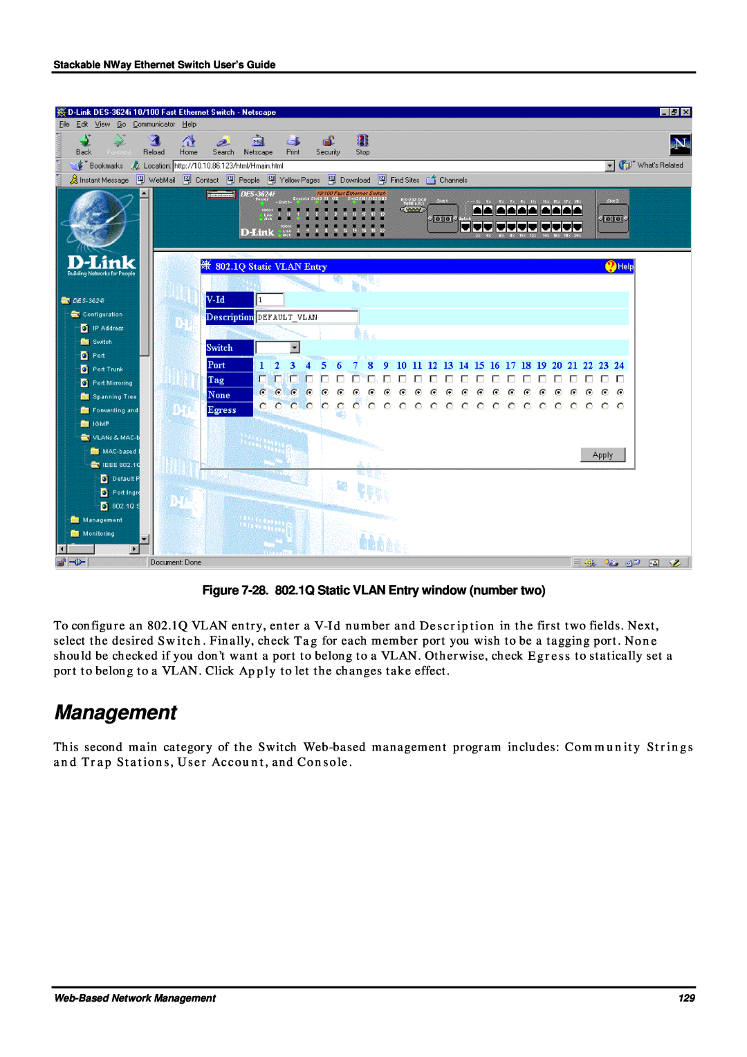 D-Link DES-3624 manual 28. 802.1Q Static VLAN Entry window number two, Management 