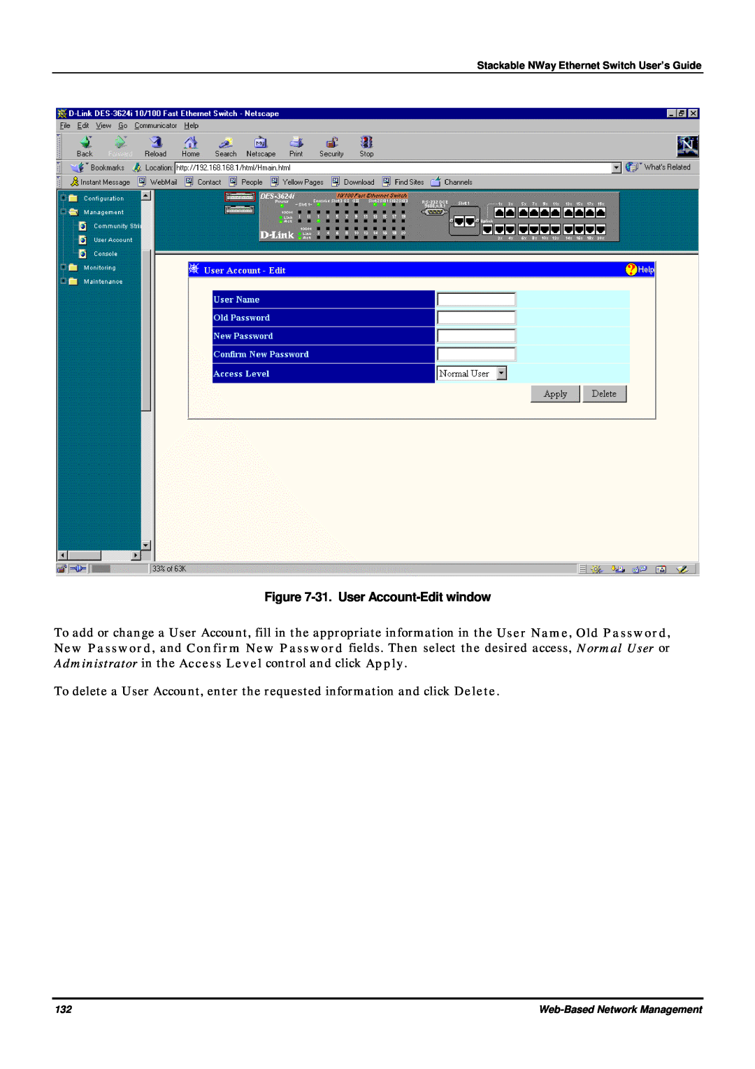 D-Link DES-3624 manual 31. User Account-Edit window 