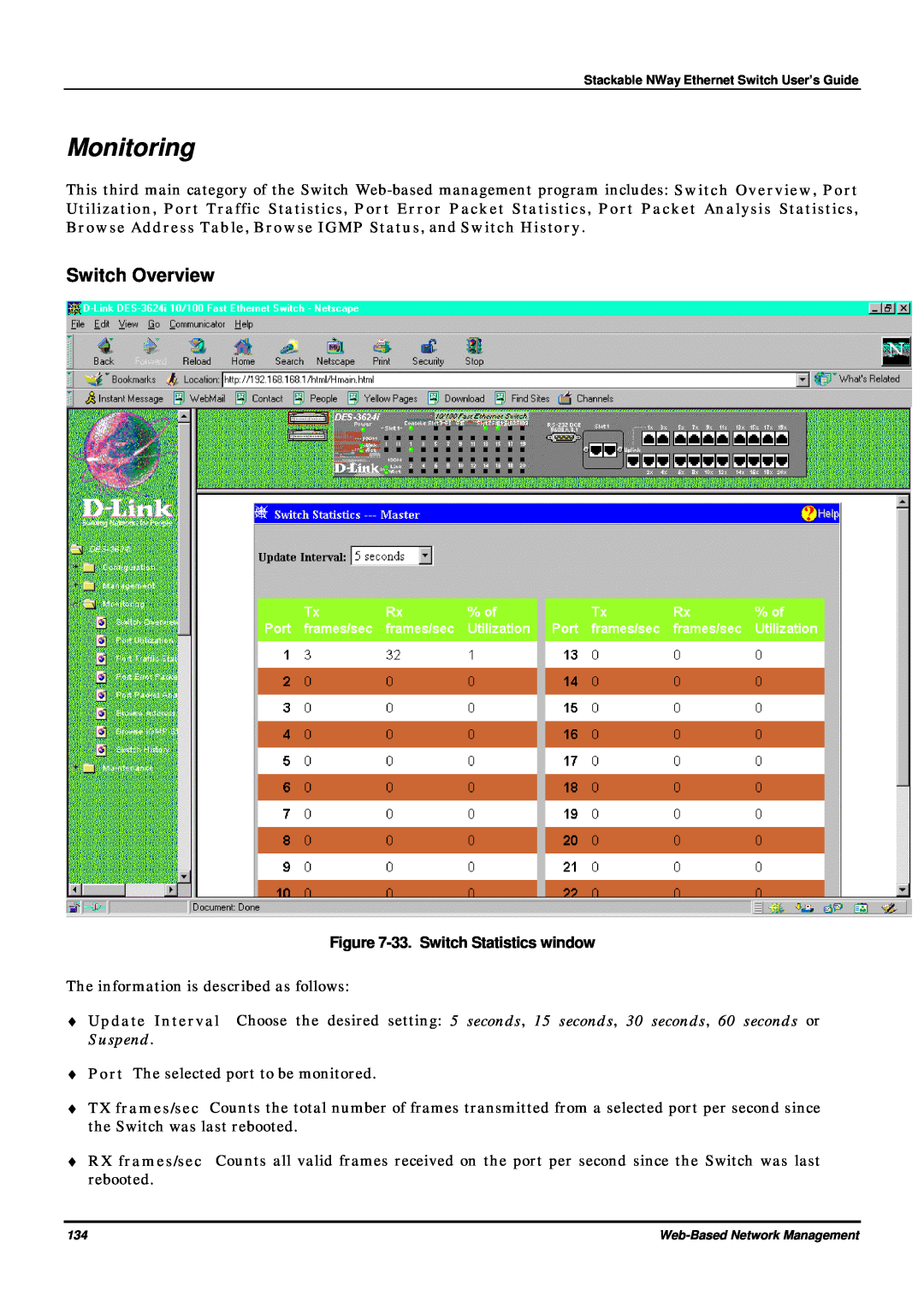 D-Link DES-3624 manual Monitoring, Switch Overview, 33. Switch Statistics window 