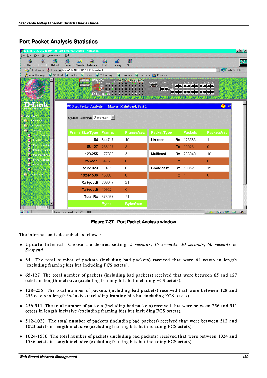 D-Link DES-3624 manual Port Packet Analysis Statistics, 37. Port Packet Analysis window 