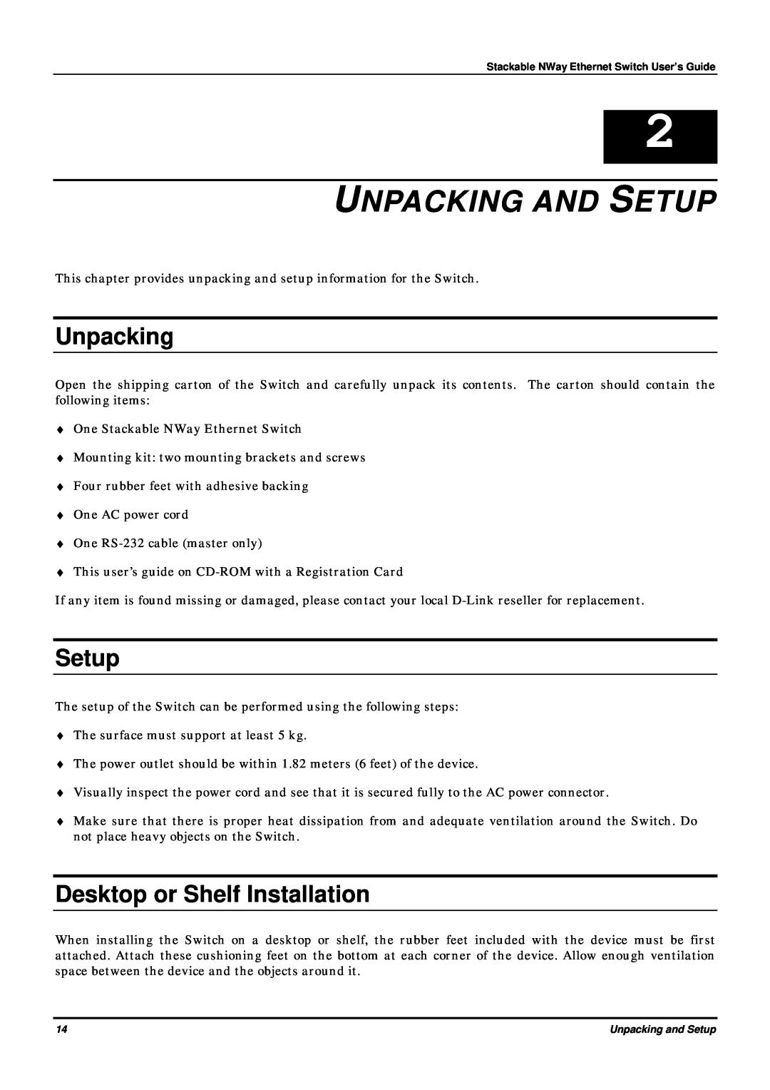 D-Link DES-3624 manual Unpacking And Setup, Desktop or Shelf Installation 