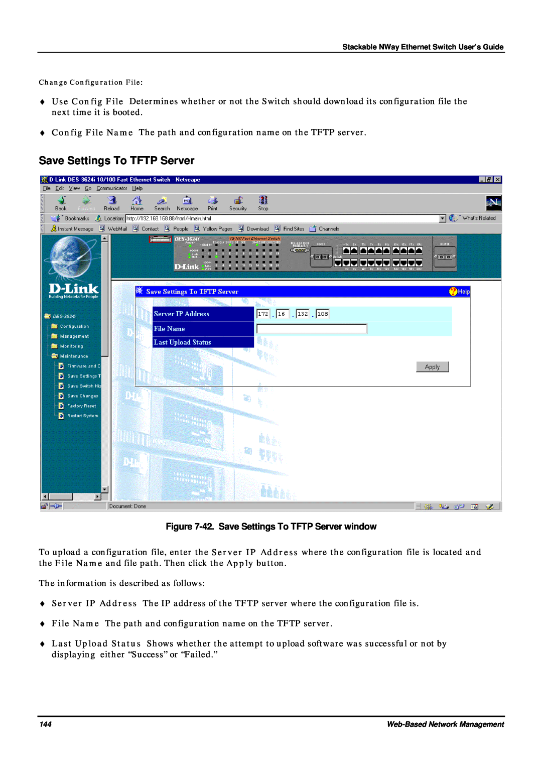 D-Link DES-3624 manual 42. Save Settings To TFTP Server window 