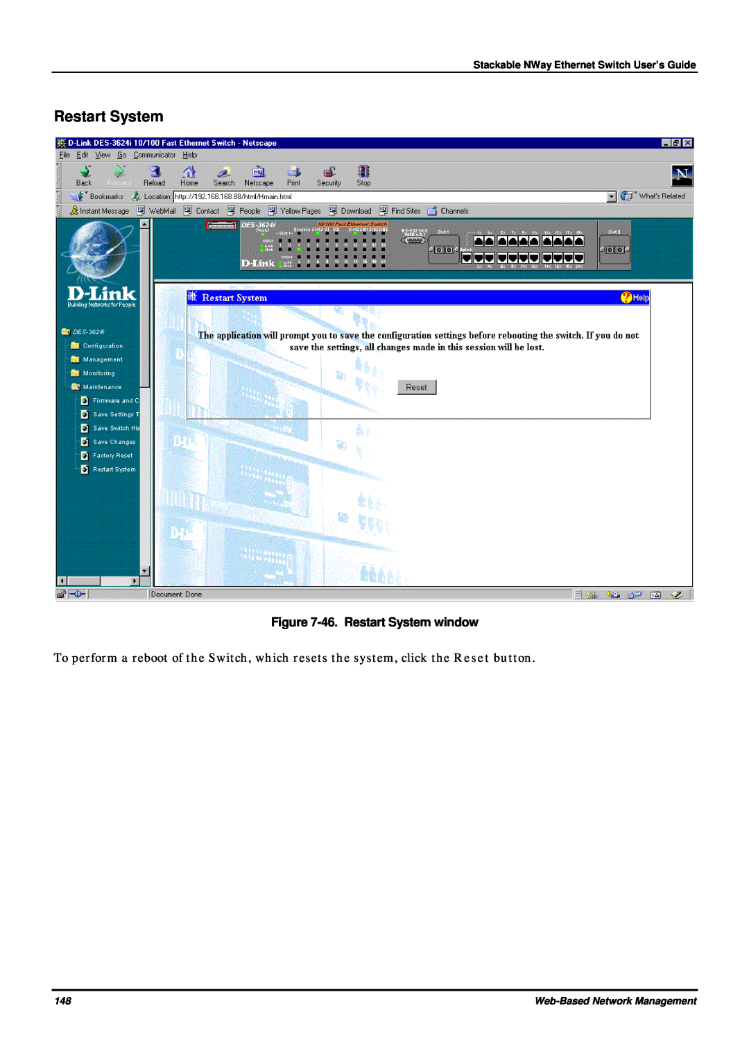 D-Link DES-3624 46. Restart System window, Stackable NWay Ethernet Switch User’s Guide, Web-Based Network Management 