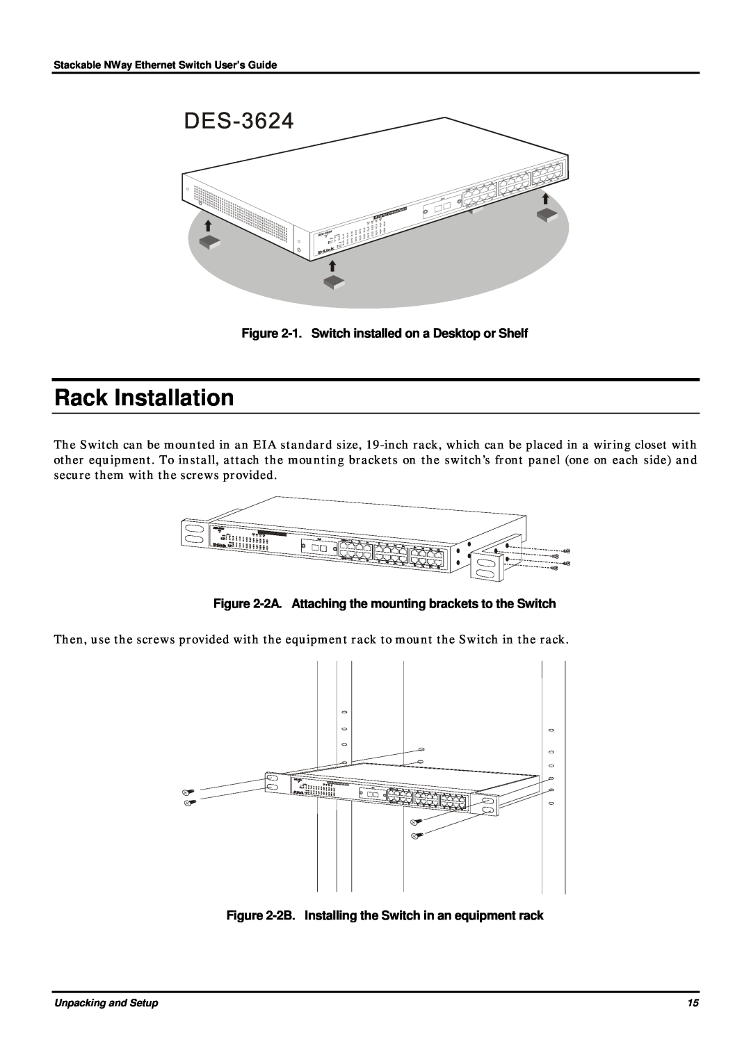 D-Link DES-3624 manual Rack Installation, 1. Switch installed on a Desktop or Shelf 