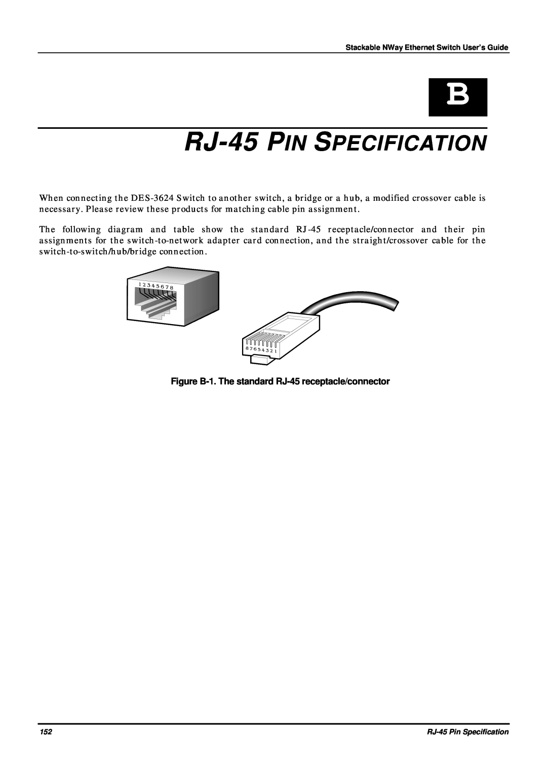 D-Link DES-3624 manual RJ-45 PIN SPECIFICATION, Figure B-1. The standard RJ-45 receptacle/connector 